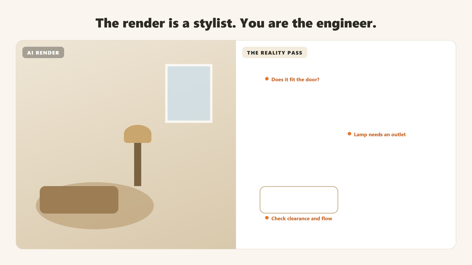 A split image: a flat AI render on the left, a designer-corrected version on the right with notes on scale, lighting and buildability. Render via the featured-image pipeline.