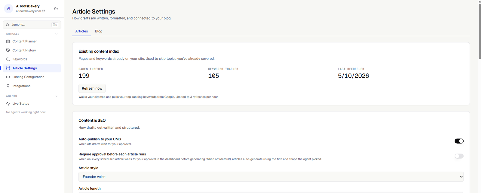The SEO Agent Article Settings showing auto-publish and approval toggles