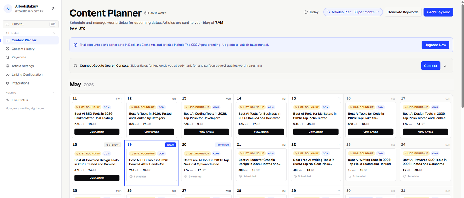 The SEO Agent Content Planner dashboard showing a 30-day AI article calendar
