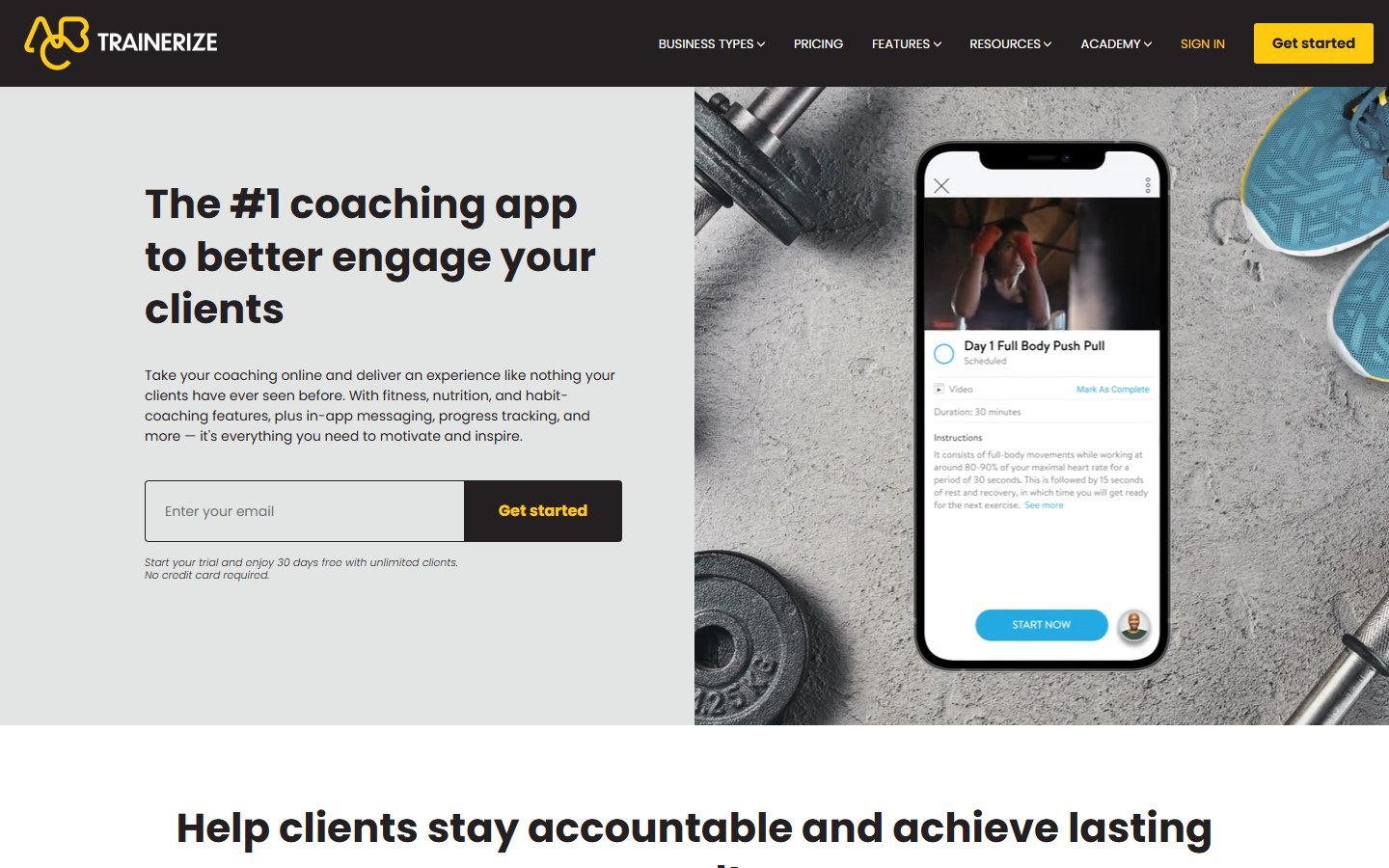 Trainerize app homepage screenshot - trainerize pricing 2026