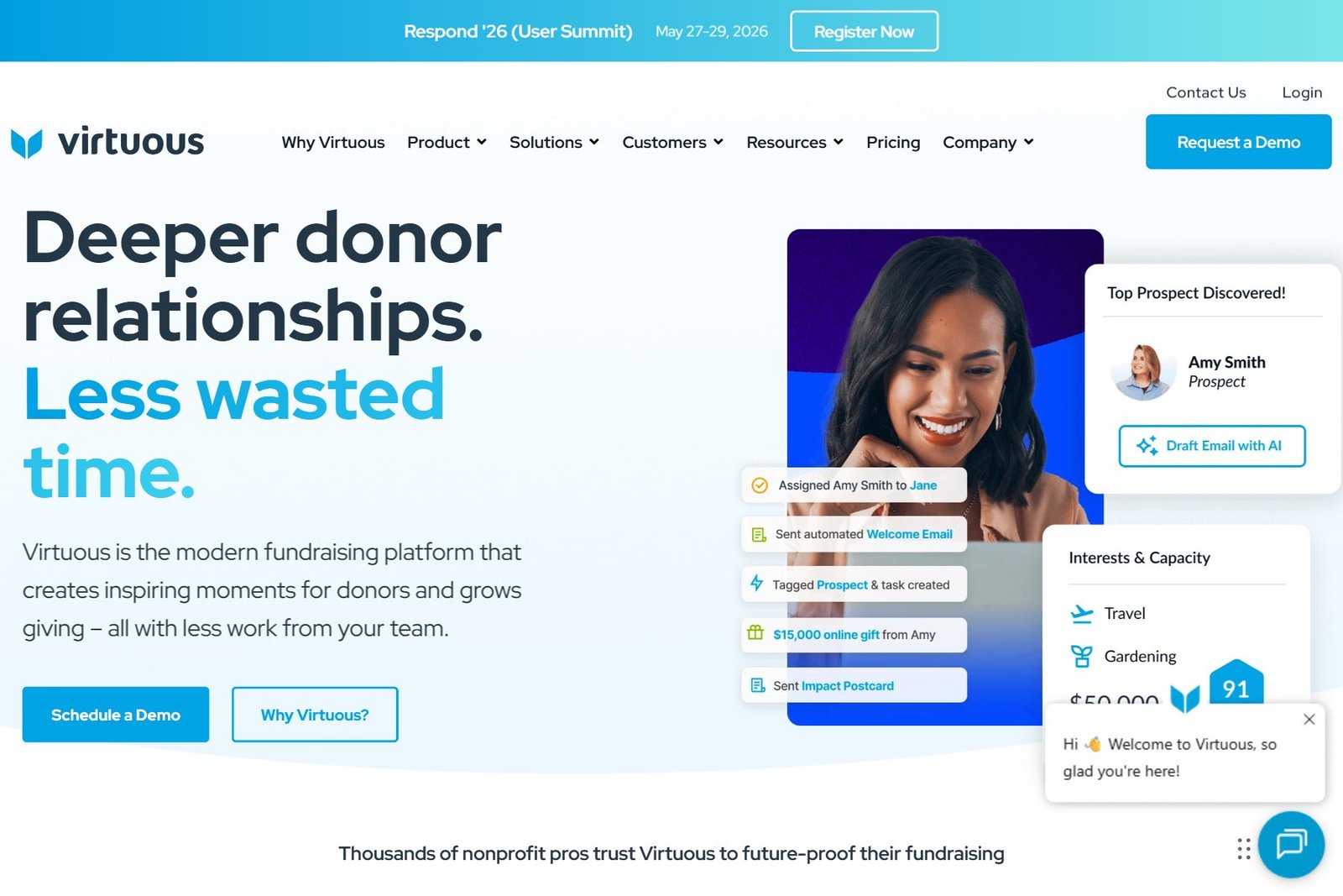Virtuous responsive nonprofit CRM homepage interface