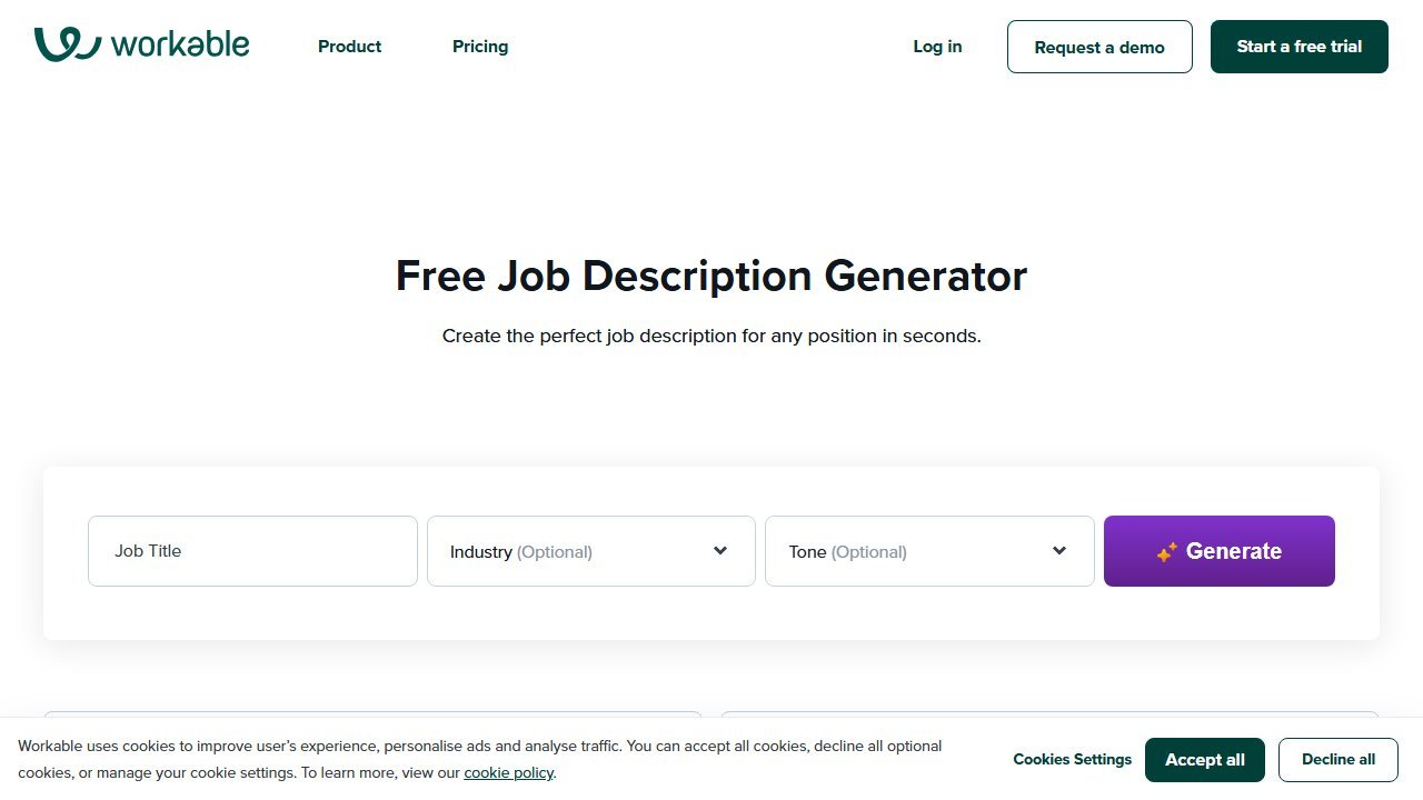 Workable free job description generator interface, no signup required