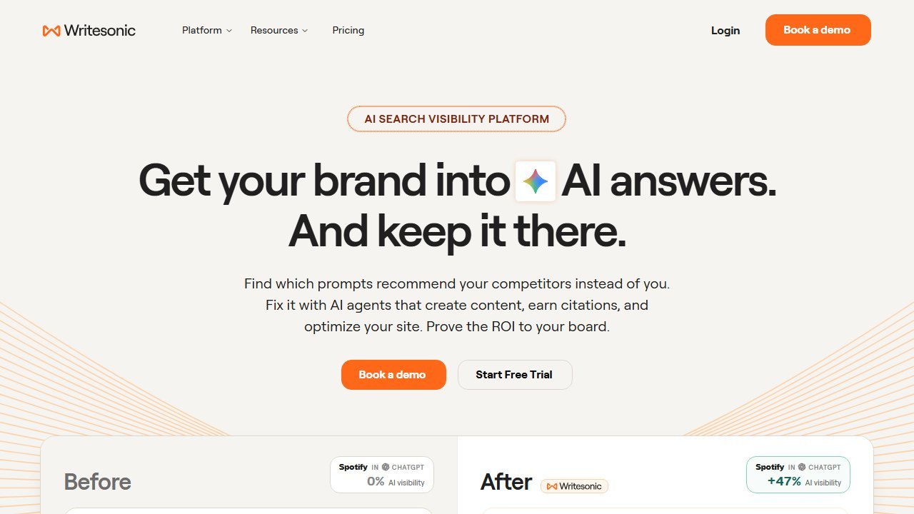 Writesonic AI writer homepage, the closest Jasper AI alternative for marketing teams