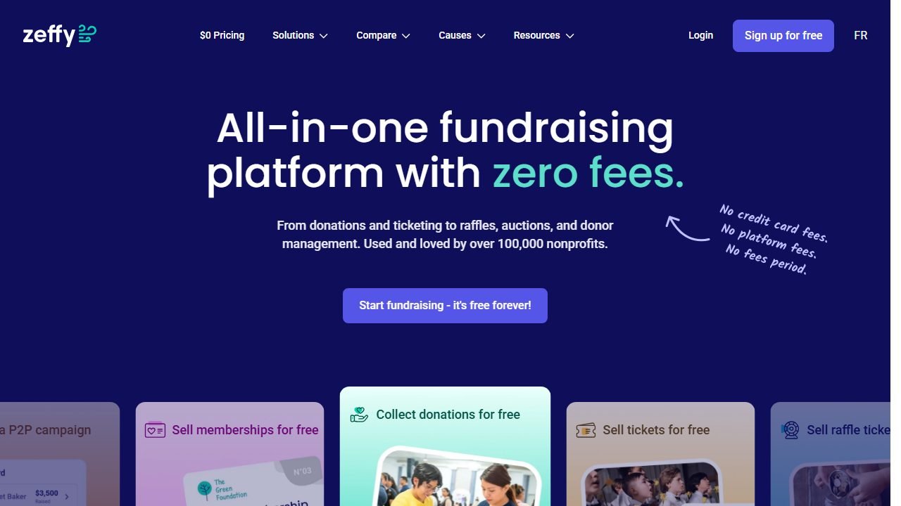 Zeffy homepage and interface