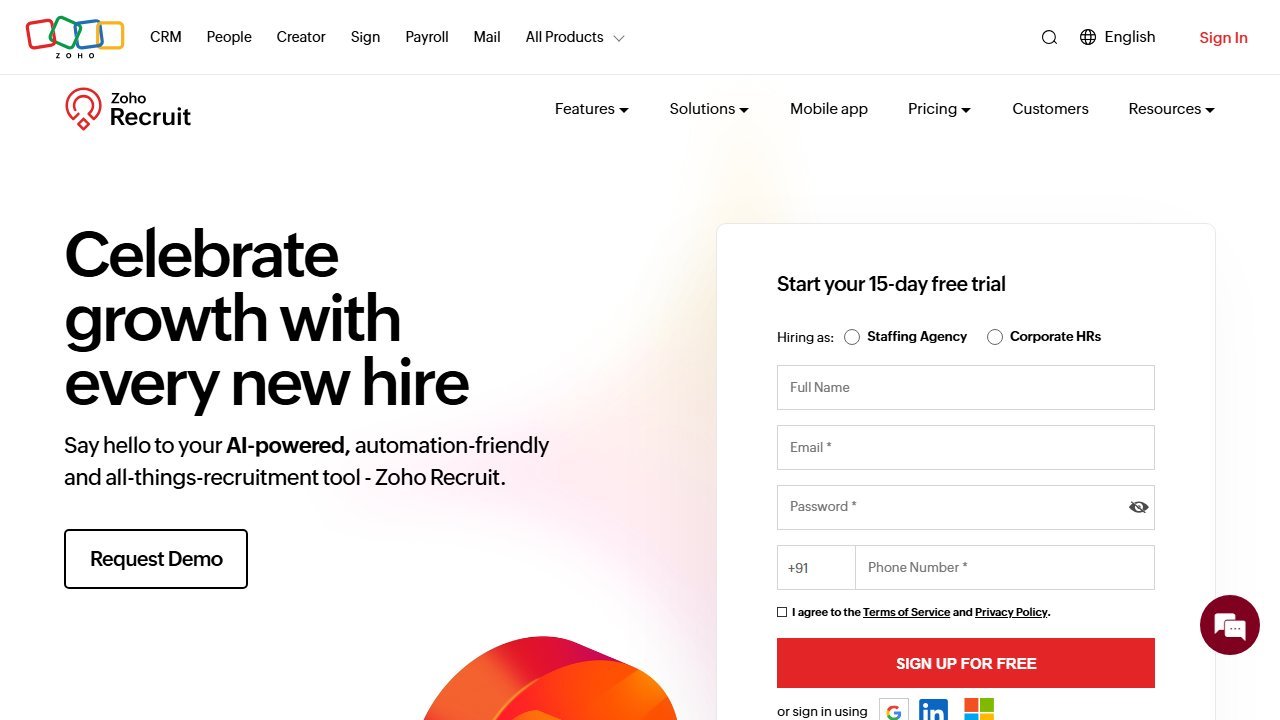 Zoho Recruit homepage promoting their permanent free tier for one active job