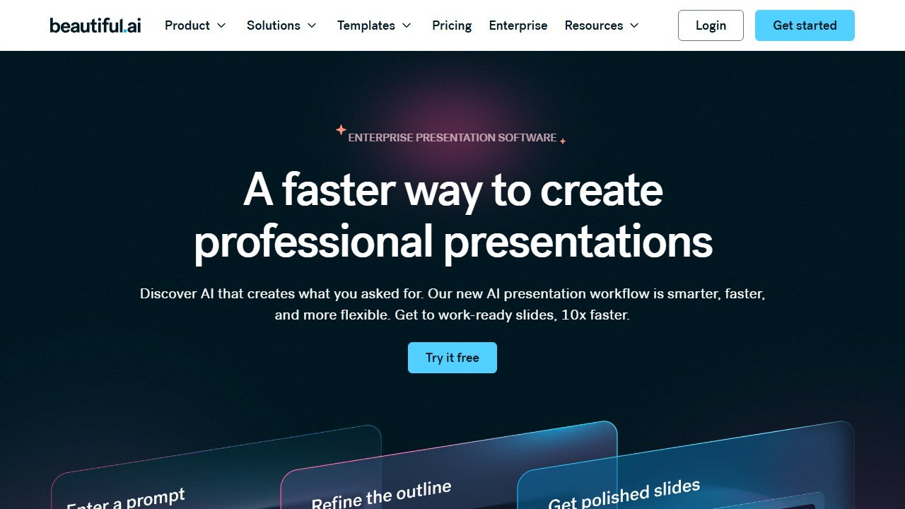 Beautiful.ai AI presentation tool homepage, a polished Gamma alternative for PowerPoint export fidelity