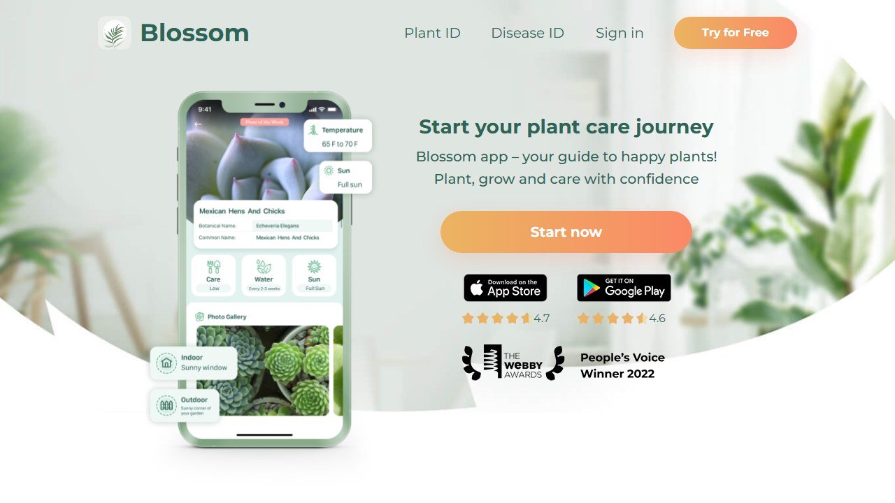Blossom plant identifier app homepage