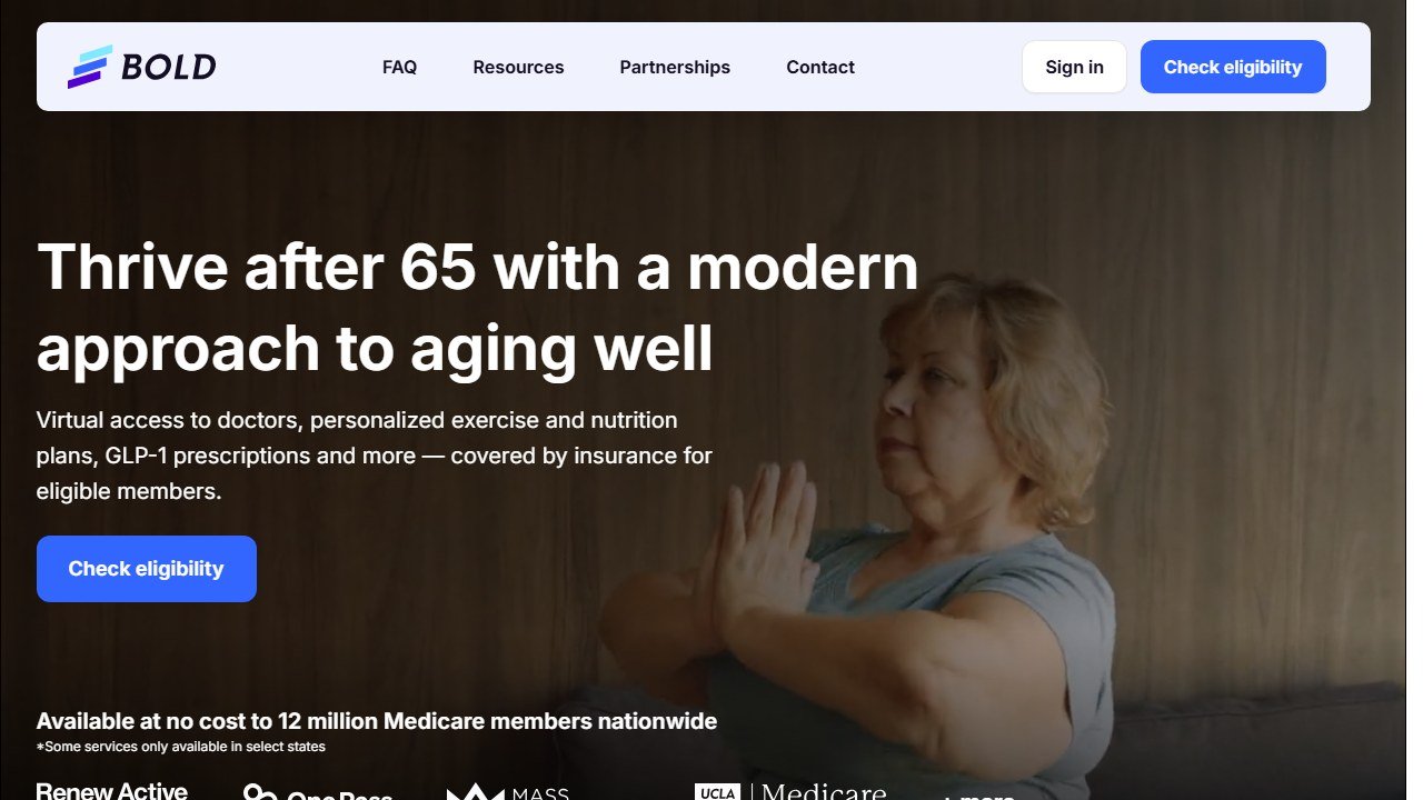 Bold senior fitness and mobility app homepage interface