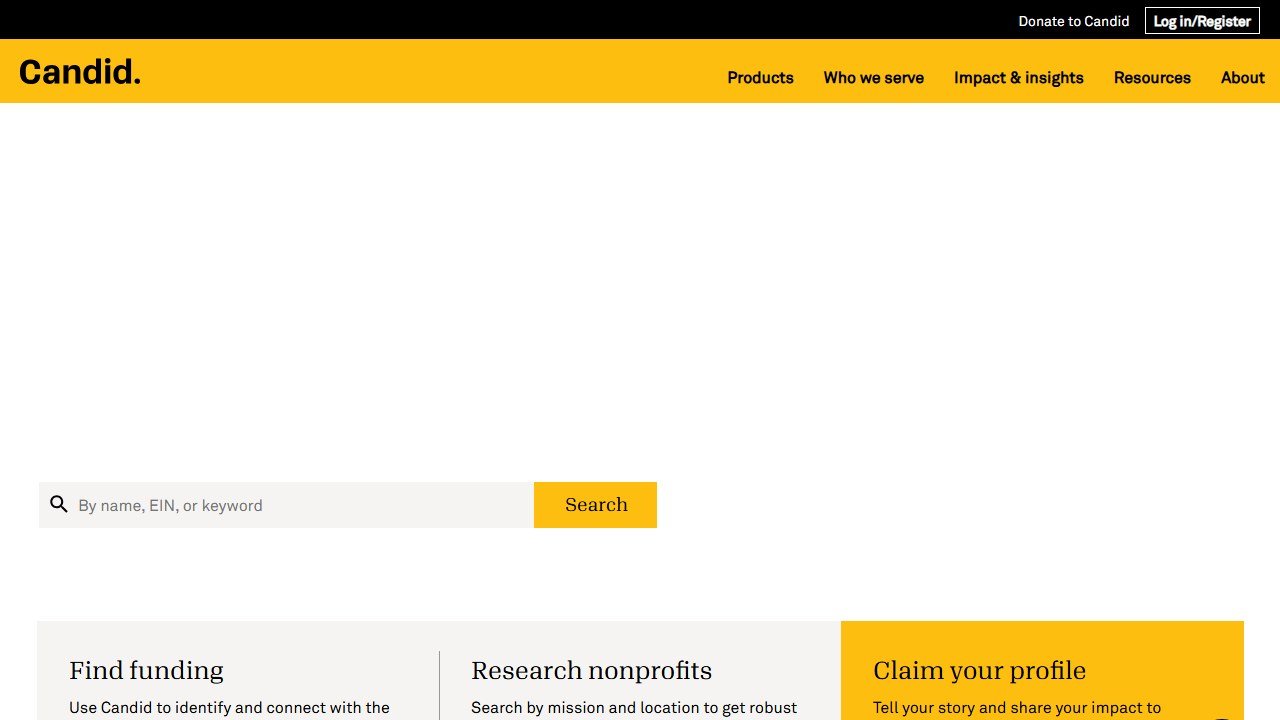 Candid nonprofit foundation database homepage interface
