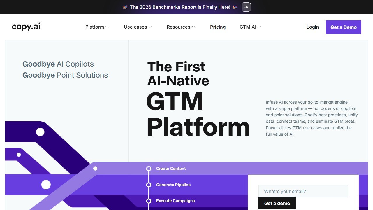 Copy.ai homepage showing AI-native GTM platform for marketing copy and workflows