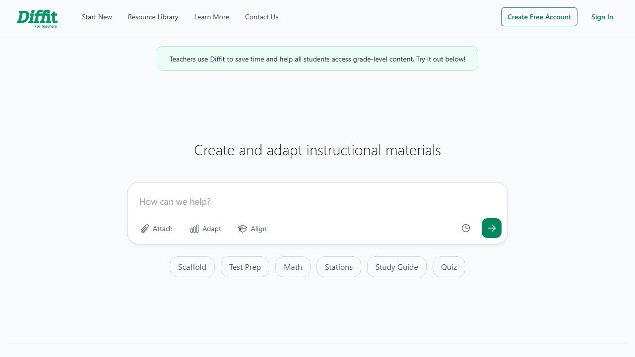 Diffit AI lesson differentiation tool homepage interface
