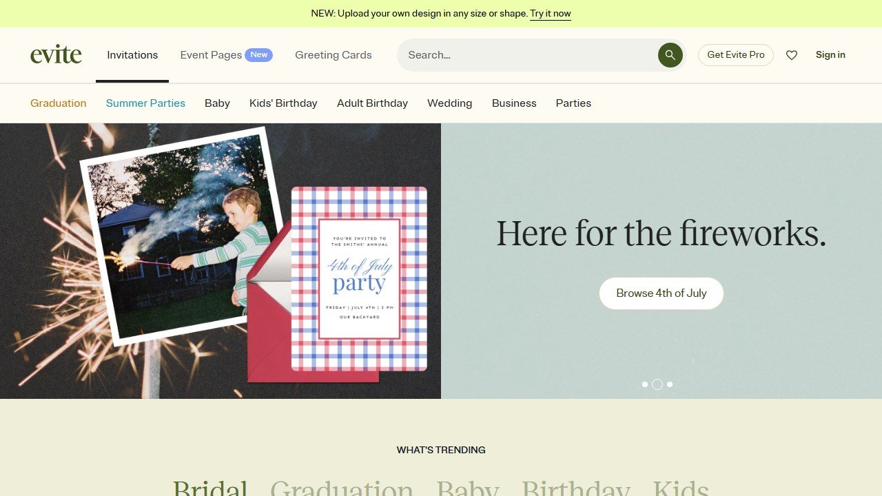Evite digital invitations homepage