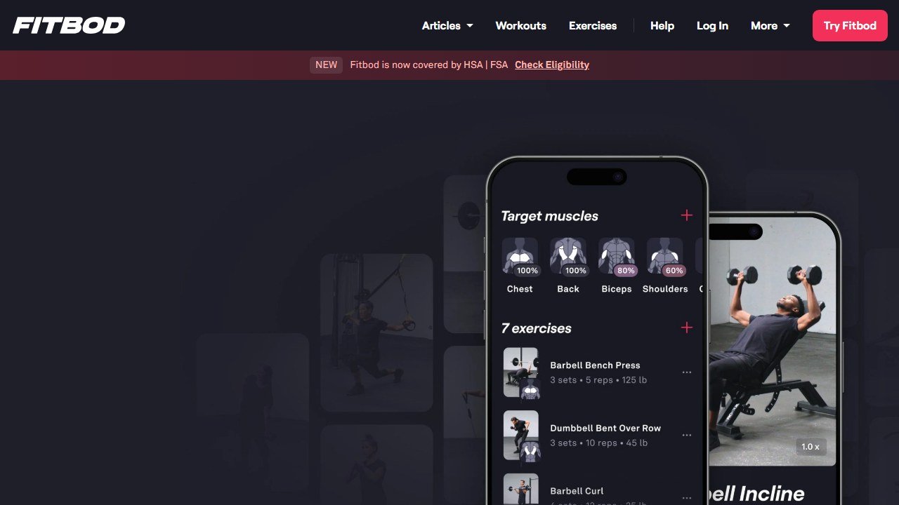 Fitbod AI workout app homepage showing adaptive strength training interface