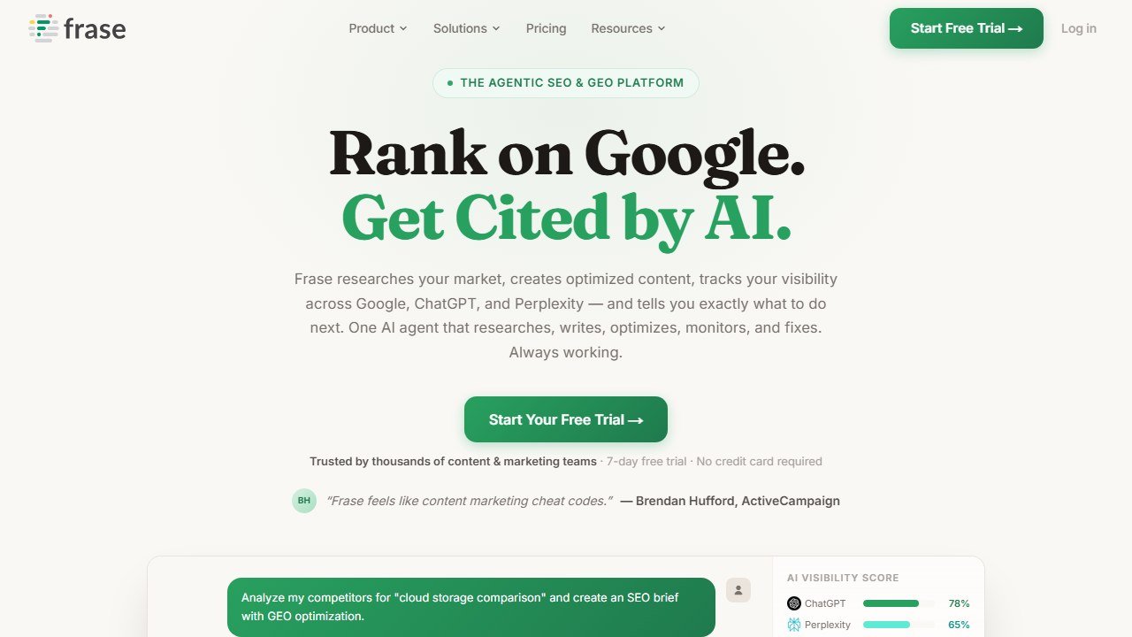 Frase AI content optimization platform homepage
