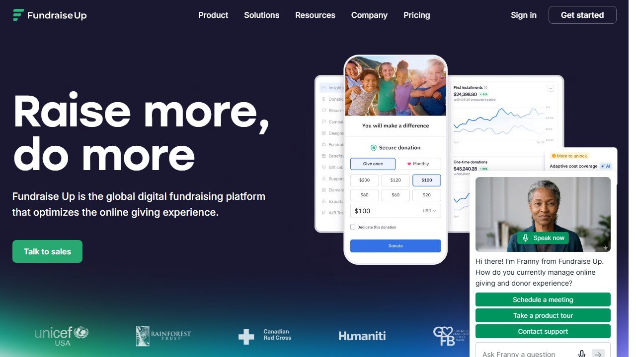 Fundraise Up AI-powered donation platform homepage