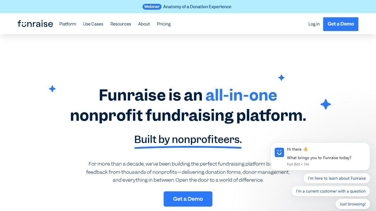 Funraise donation and donor engagement platform homepage