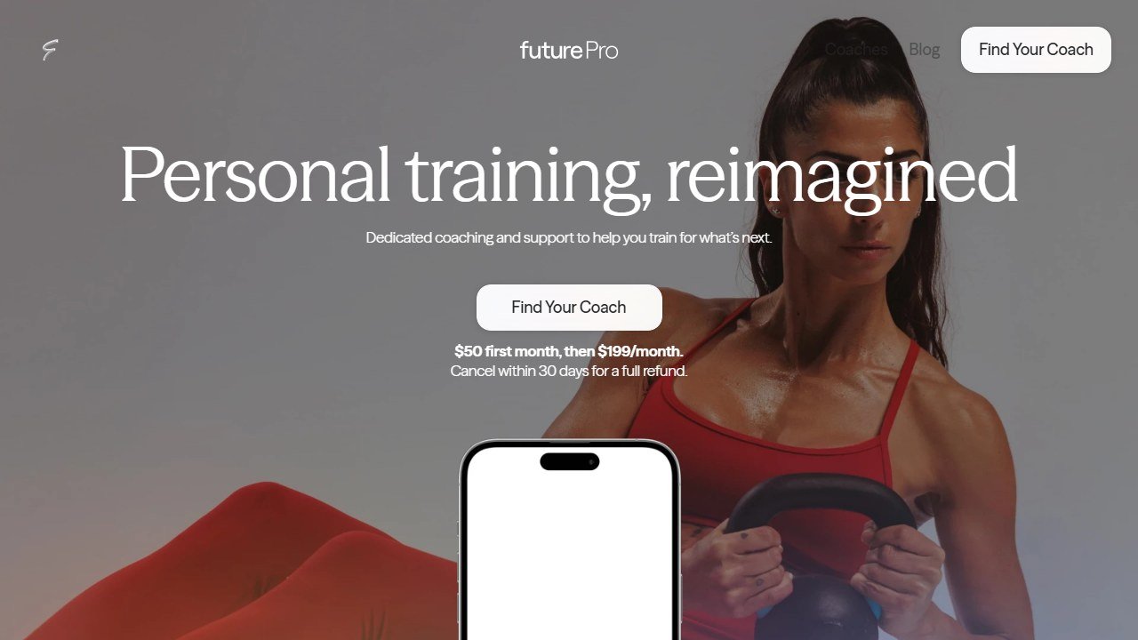 Future personal training coaching app homepage with celebrity trainer interface