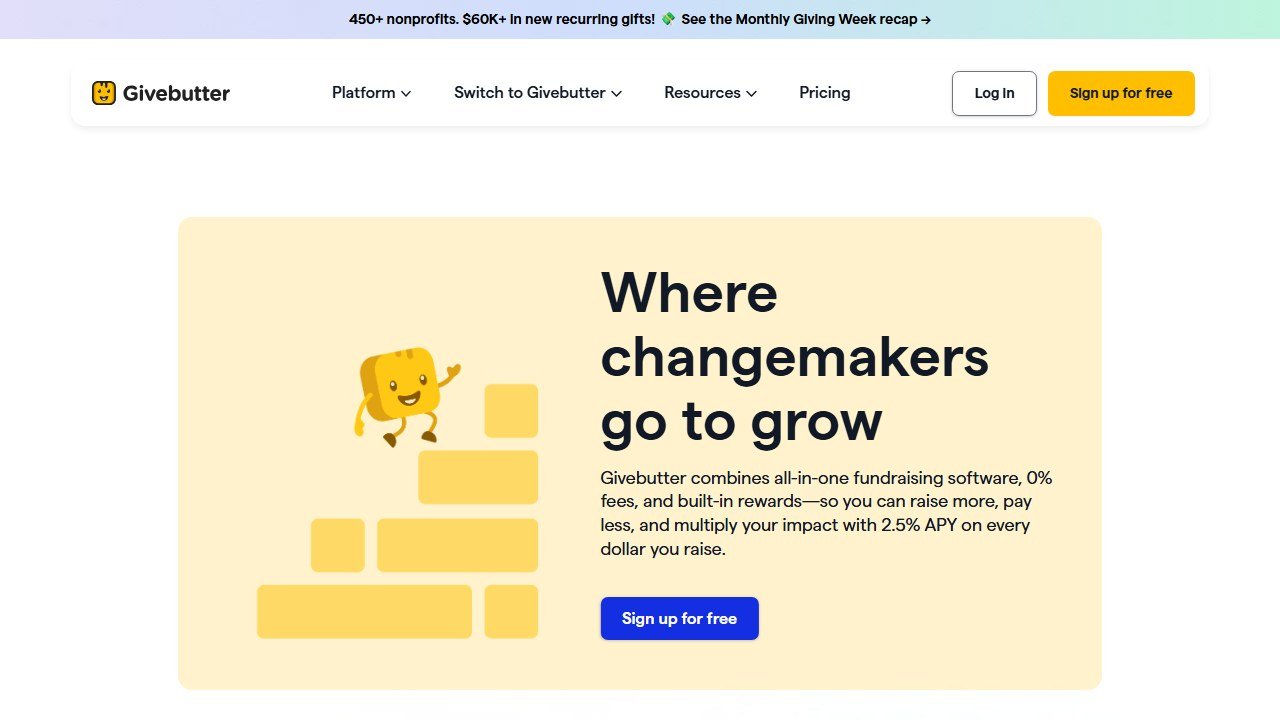 Givebutter free nonprofit fundraising platform homepage