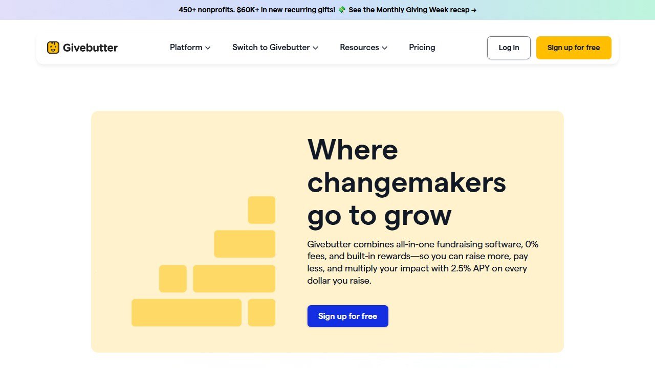 Givebutter free nonprofit fundraising platform homepage