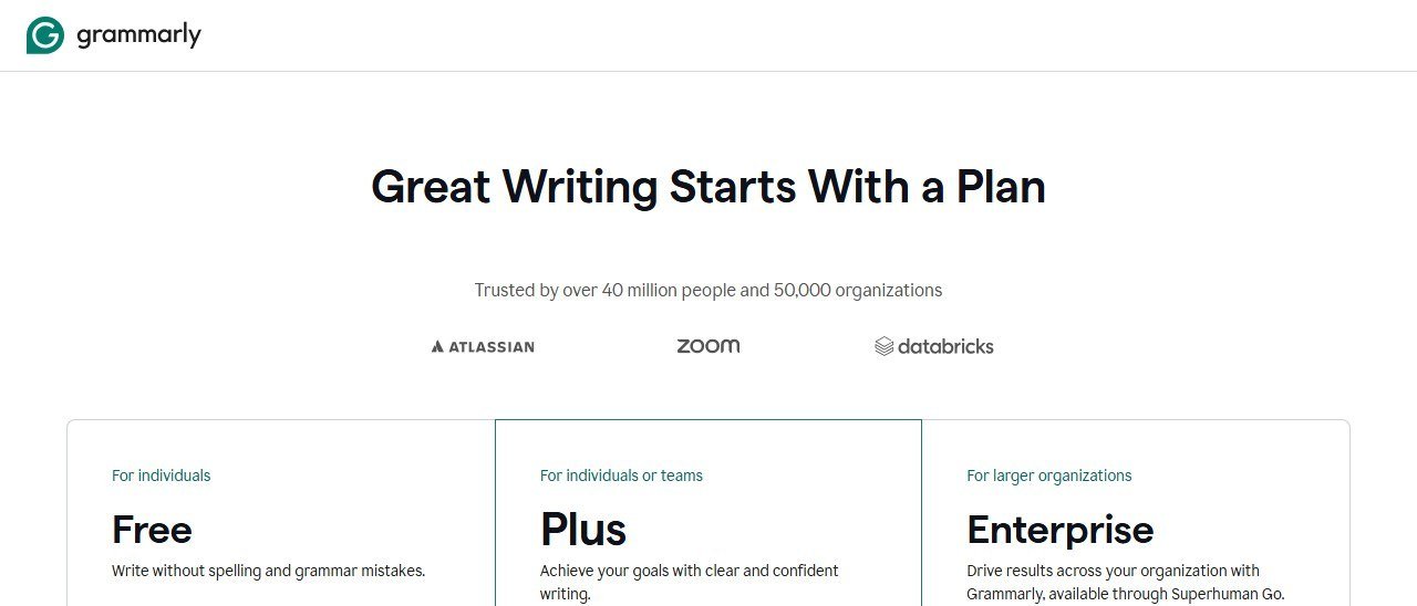 Grammarly pricing plans: Free, Plus, and Enterprise tiers