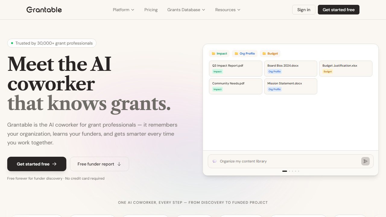 Grantable AI grant writing assistant homepage interface