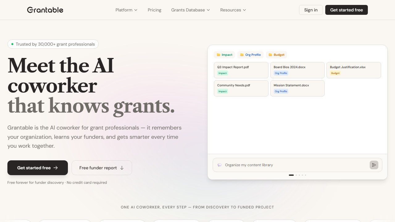 Grantable AI grant writing assistant homepage interface