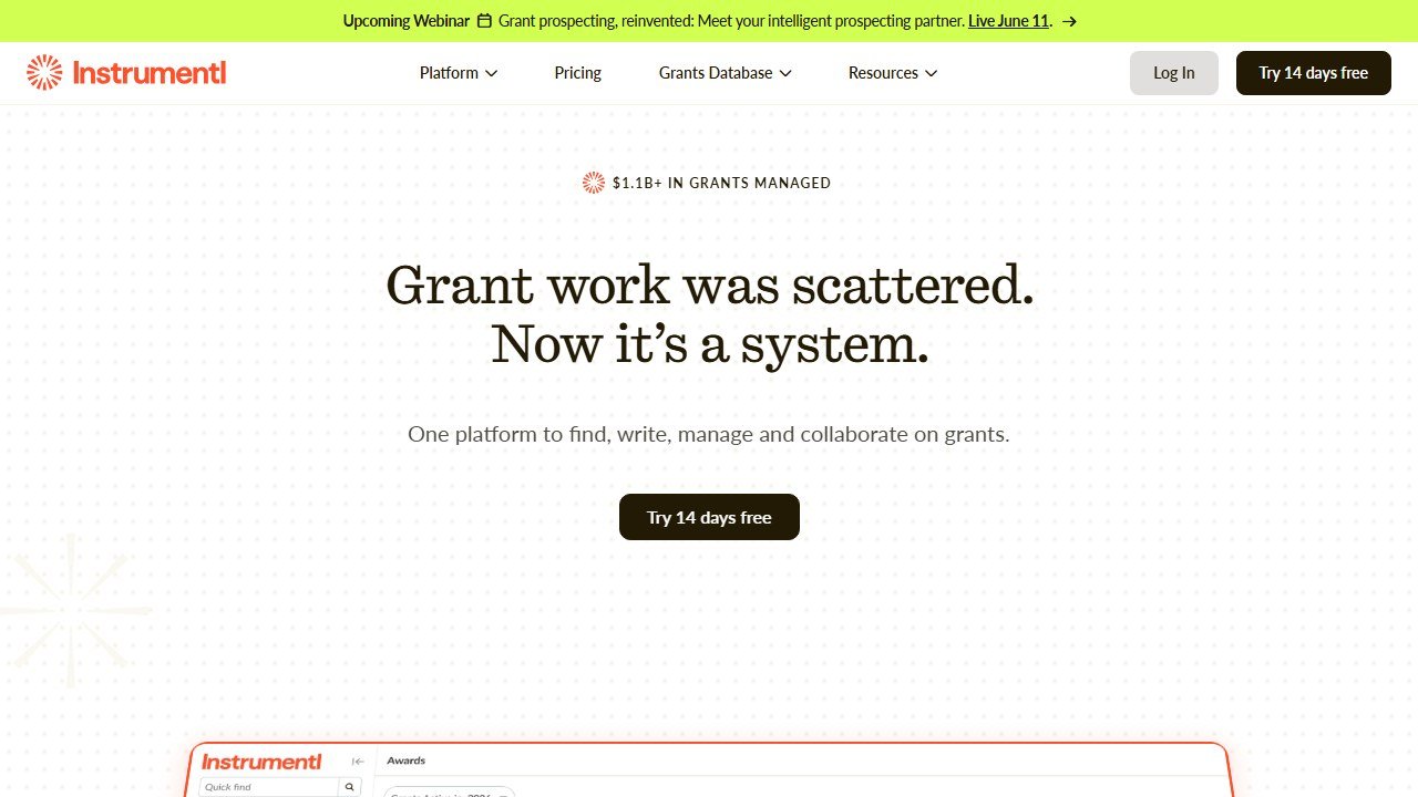 Instrumentl grant prospecting platform homepage interface