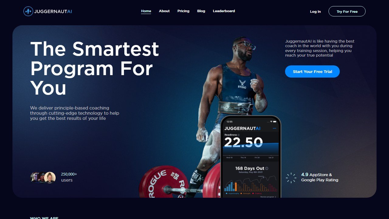 JuggernautAI powerlifting app homepage