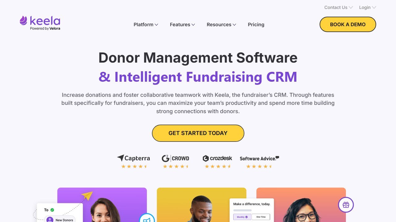 Keela nonprofit CRM homepage with donor management