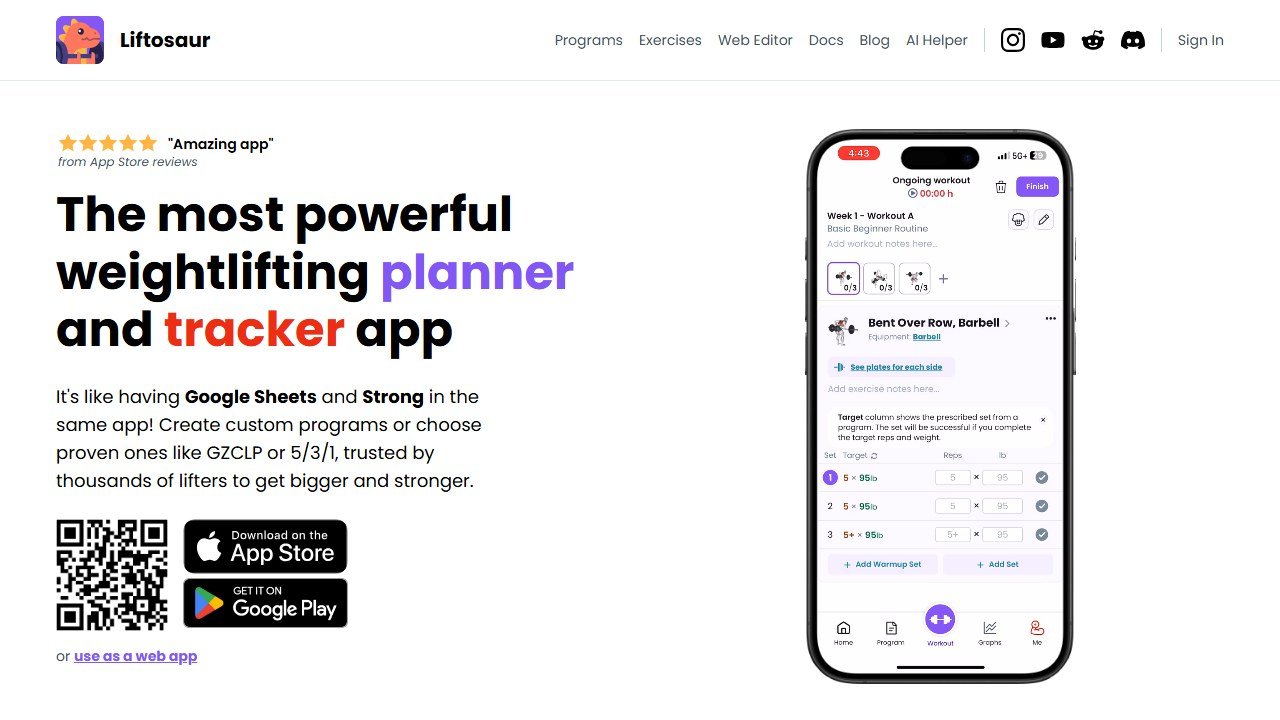 Liftosaur weightlifting app homepage