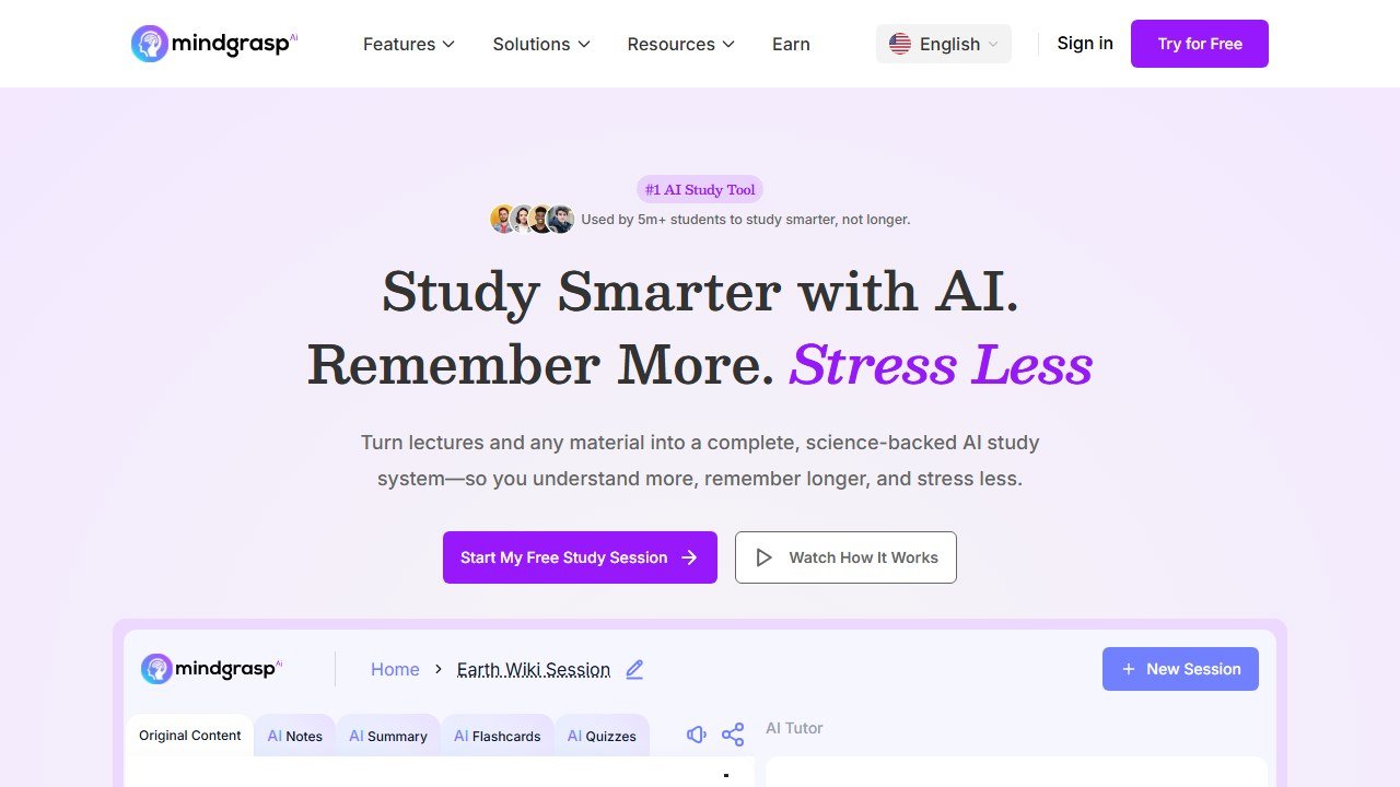 Mindgrasp AI study notes homepage