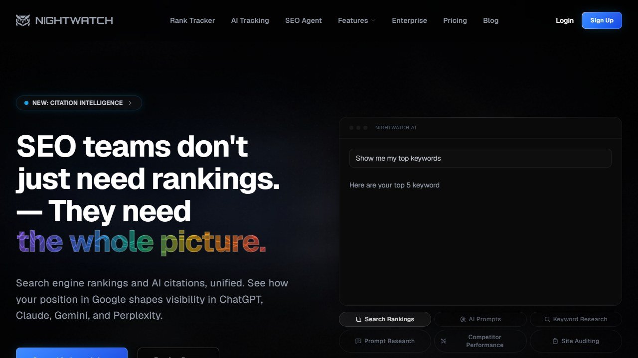 Nightwatch rank tracking homepage