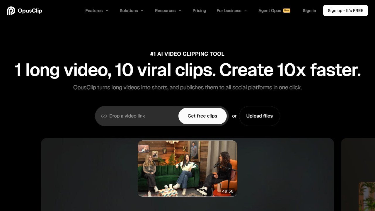 Opus Clip AI video clipping homepage