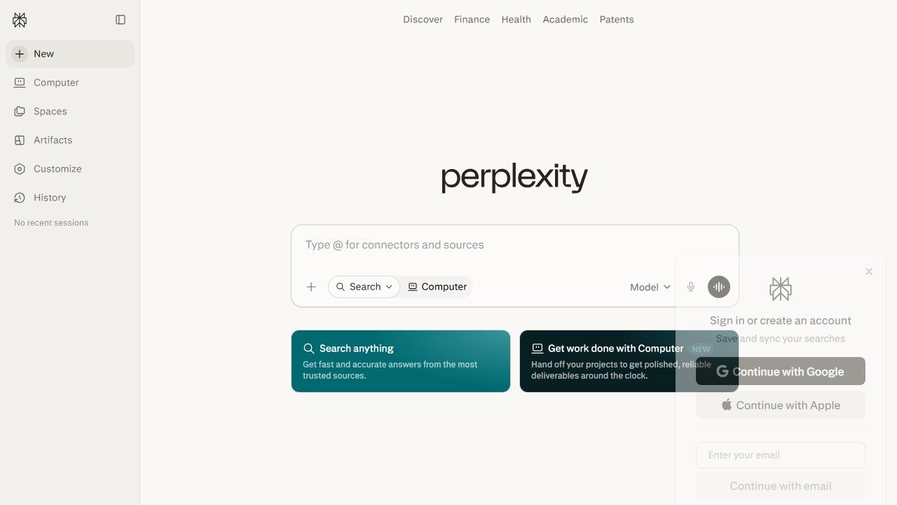 Perplexity AI search homepage