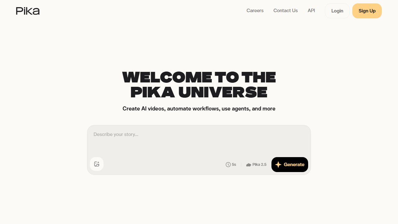 Pika AI image to video tool homepage, 150 monthly free credits and no watermark