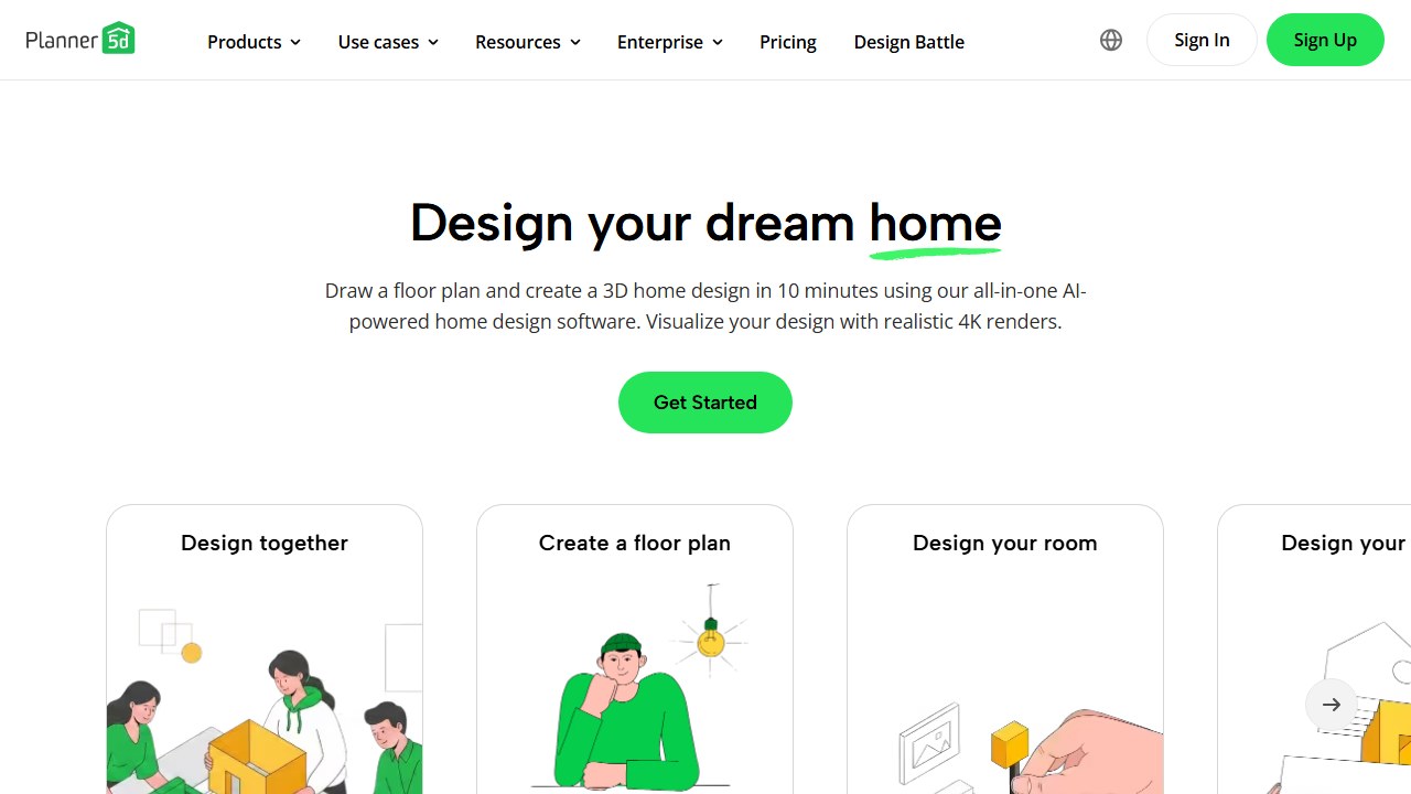 Planner 5D homepage and interface