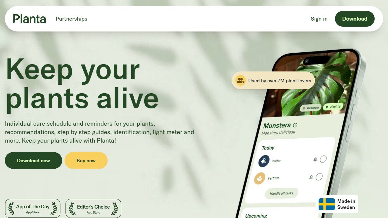 Planta plant care app homepage