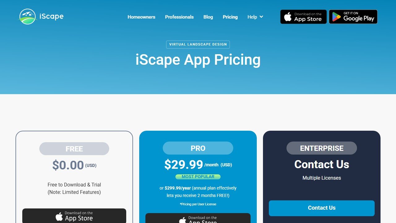 iScape pricing page