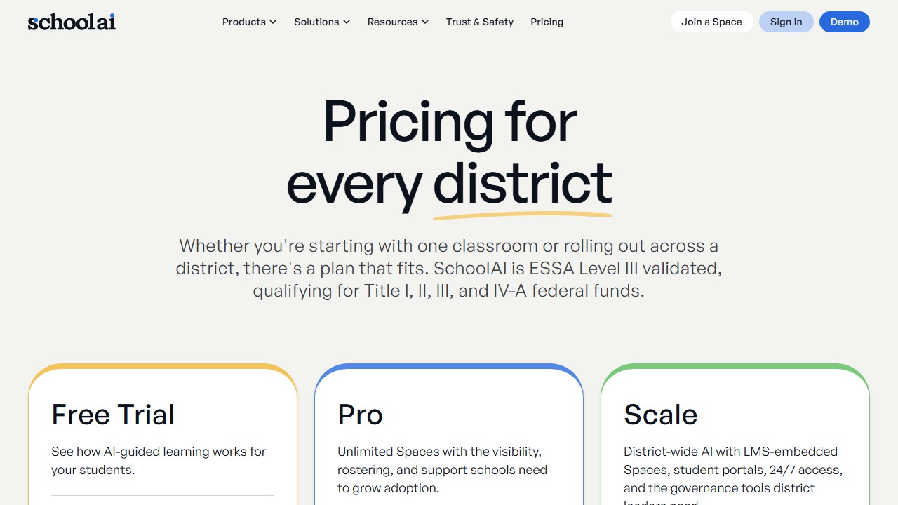 SchoolAI pricing page