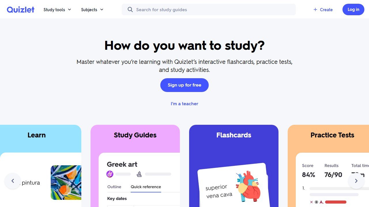 Quizlet study tools homepage