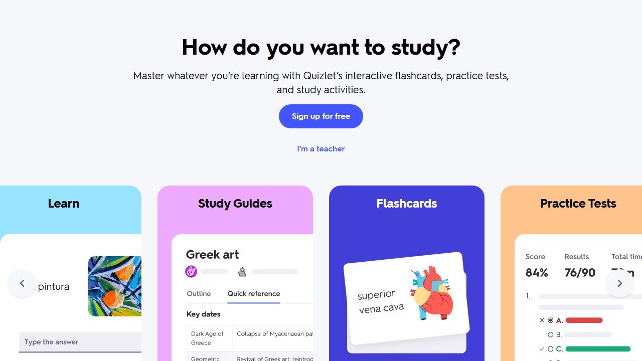 Quizlet homepage