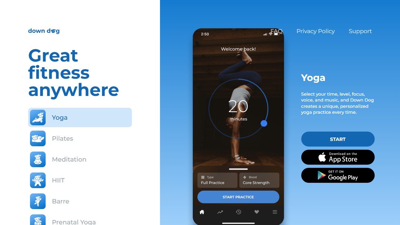 Down Dog yoga app homepage