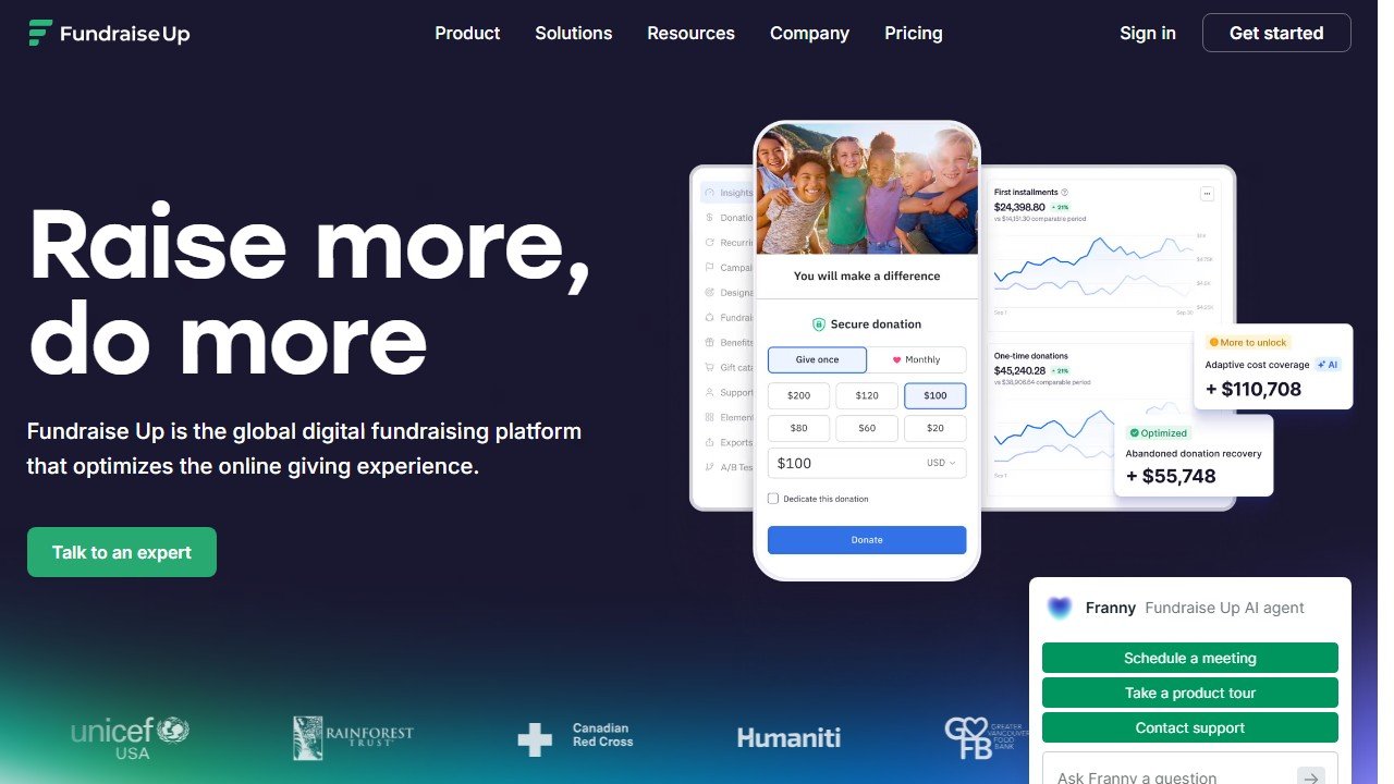 Fundraise Up homepage and interface