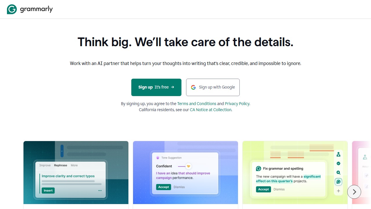 Grammarly grammar checker interface for the comparison with ProWritingAid