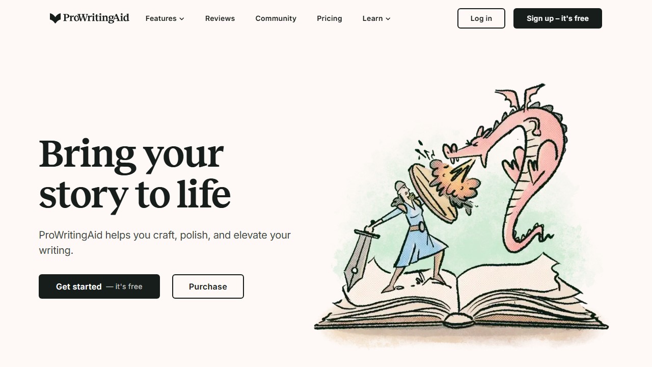 ProWritingAid homepage showing writing analysis tools for the comparison with Grammarly