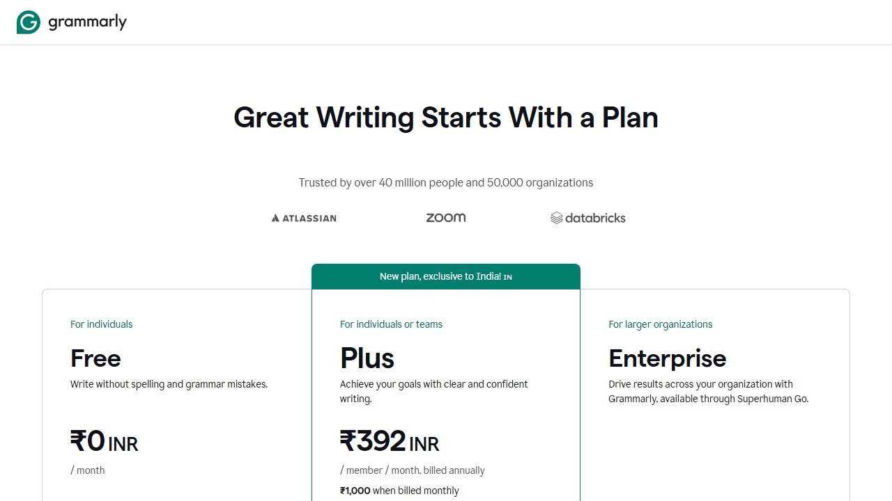Grammarly pricing for the comparison with ProWritingAid