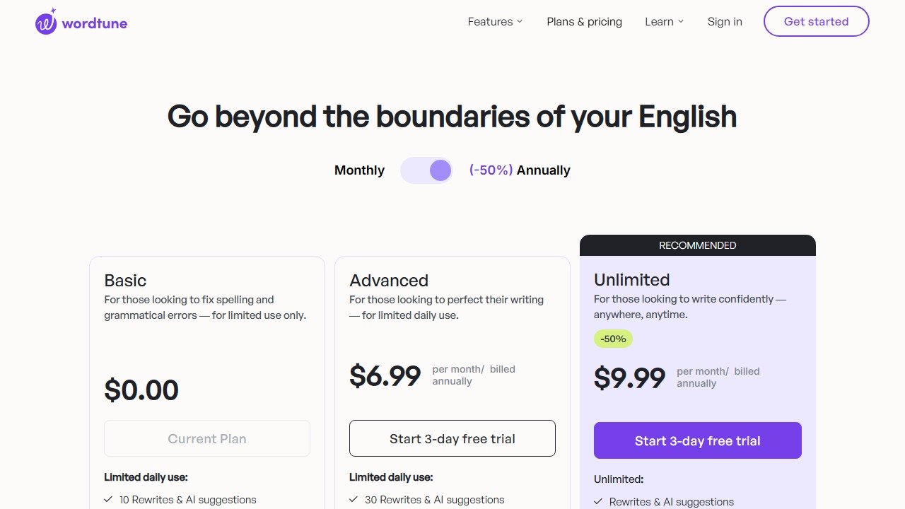 Wordtune pricing for the comparison with QuillBot
