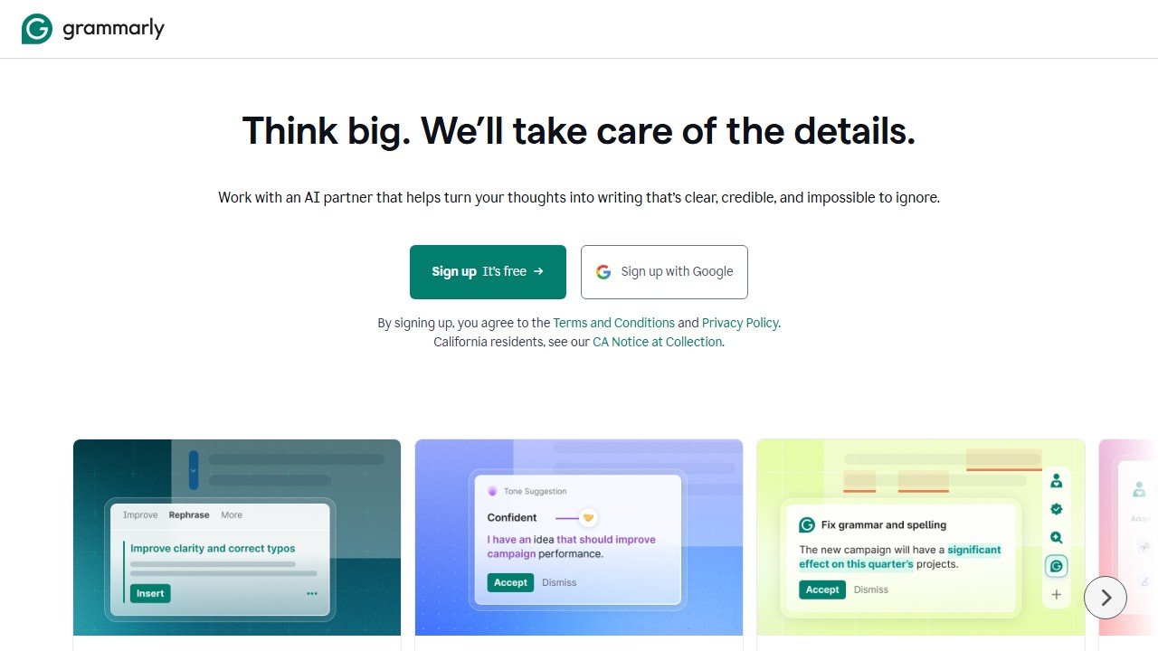 Grammarly grammar and writing checker interface
