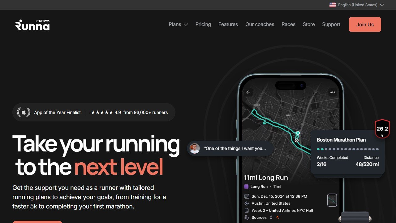 Runna AI running coach app homepage with personalized training plans