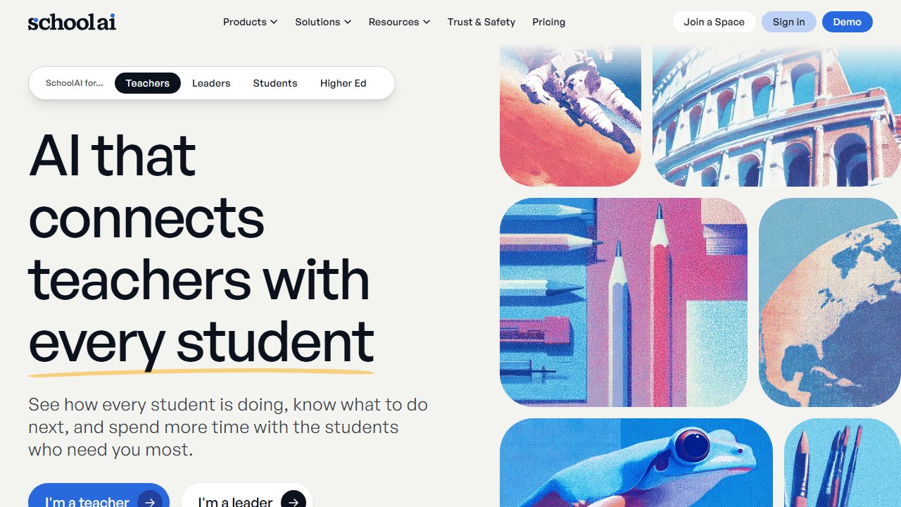 SchoolAI homepage: AI that connects teachers with every student